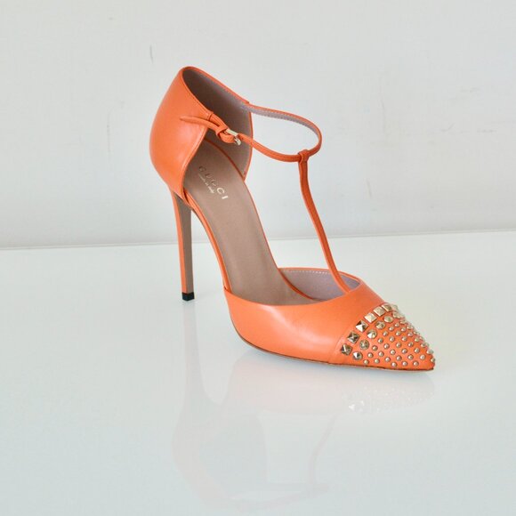 NIB GUCCI STUDDED T-STRAP METALLIC LEATHER PUMPS